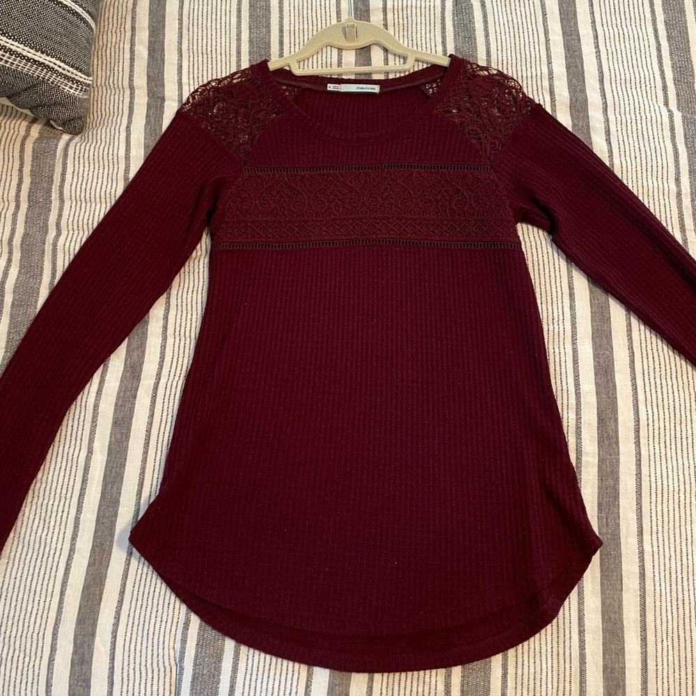 Maurice’s Long Sleeve Burgundy Crochet Detail Shirt